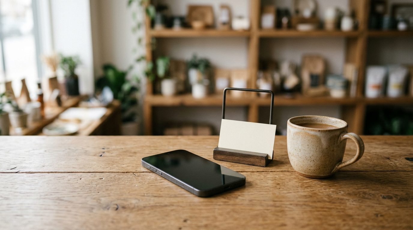 Smartphone posé sur un comptoir de boutique en bois, près d'un petit présentoir de carte, pour illustrer la demande d'avis Go